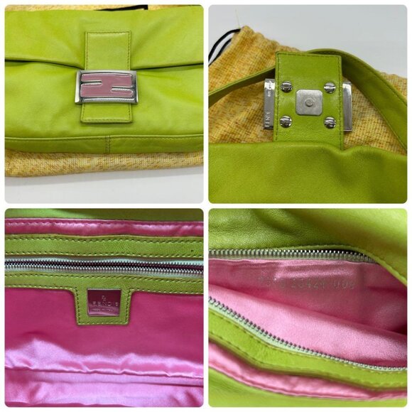 Authentic FENDI Mamma Bucket Baguette Lime Green Lambskin Flap Bag Purse - Picture 12 of 12
